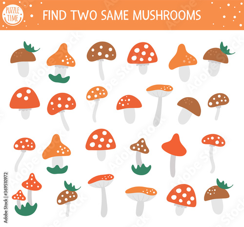 Find two same mushrooms. Autumn matching activity for children. Funny educational fall season logical quiz worksheet for kids. Simple printable game with forest plants. photo
