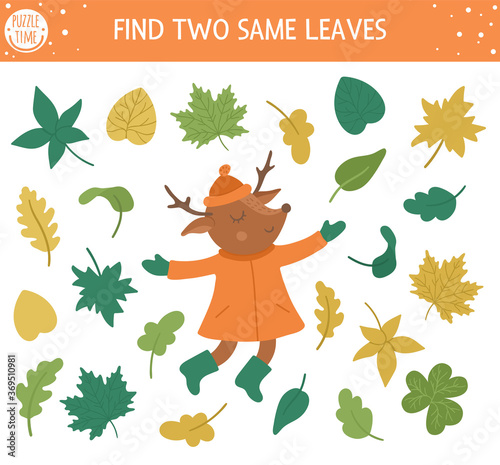 Find two same leaves. Autumn matching activity for children. Funny educational fall season logical quiz worksheet for kids. Simple printable game with plants and cute deer.