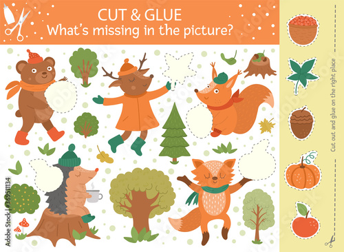Vector autumn cut and glue activity. Fall season educational crafting game with cute forest animals. Fun activity for kids. What   s missing in the picture printable worksheet.