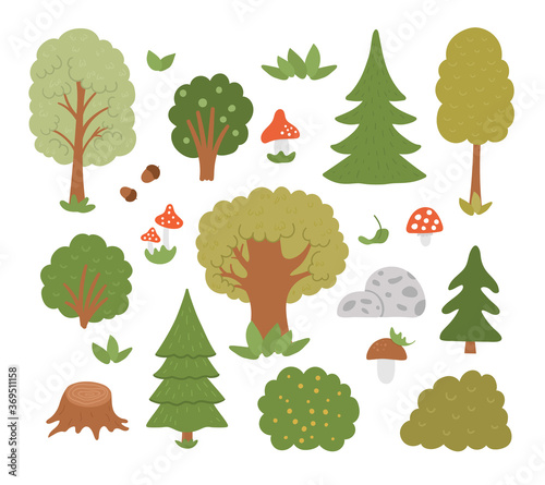 Vector set of forest trees, plants, shrubs, bushes, mushrooms isolated on white background. Flat autumn woodland illustration. Natural greenery icons collection.
