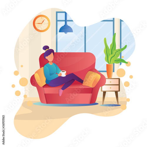 Illustration of girl drinks coffee on the sofa, flat style cartoon design isolated on white background