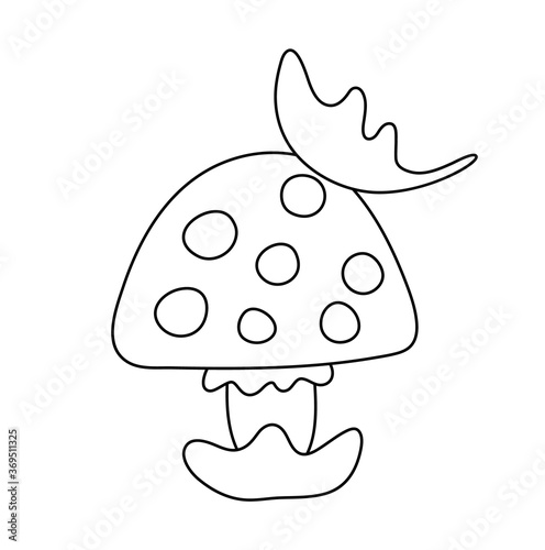 Vector cute black and white mushroom. Autumn line art plant. Funny contour death cap or toadstool illustration isolated on white background.