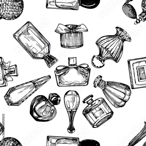 Seamless pattern of hand drawn sketch style bottles of perfume isolated on white background. Vector illustration.