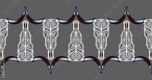 Ethnic Seamless Background of Cowl Skulls. Vector Illustration. Stylized Cow Skulls. Vector Illustration. Vector Pattern. Freehand Drawing. Free Hand Drawing. Art Nouveau Style.