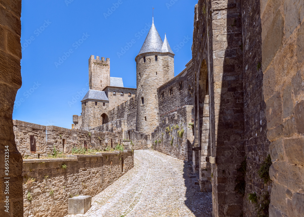Observation towers and fortified walls of medieval castle of Carcassonne town