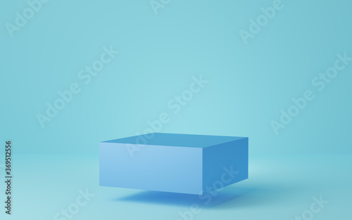 Empty blue cube podium floating on blue background. Abstract minimal studio 3d geometric shape object. Mockup space for display of product design. 3d rendering.