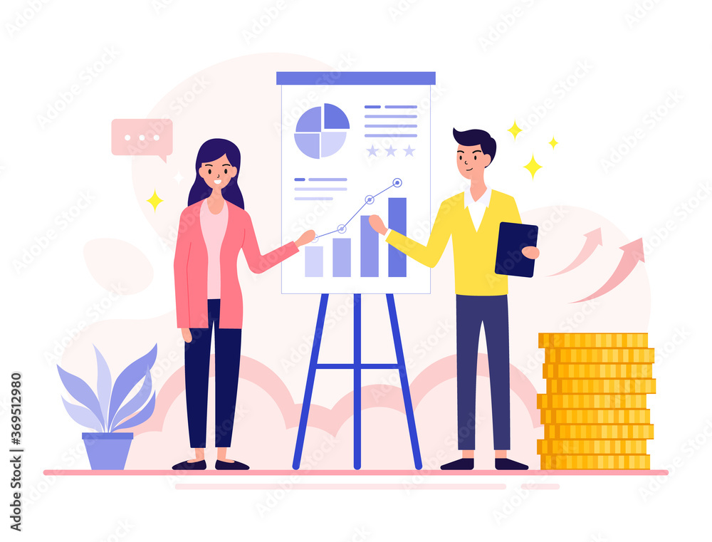 Financial analysts women and men report financial results that grow every quarter. Successful business. Modern vector illustration.
