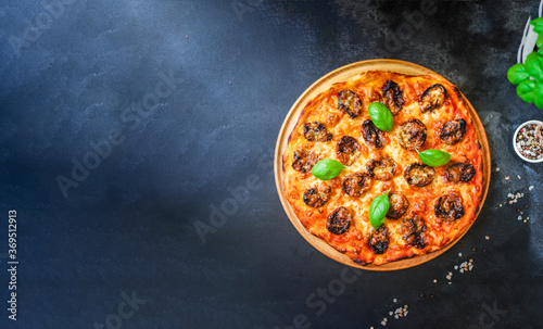 pizza margarita salami sausages cheese classic recipe sauce fast food Takeaway serving size. food background top view copy space 