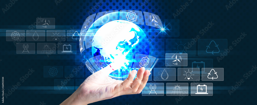 Holding global on human hand with icons energy sources for renewable. Sustainable development Panoramic banner with copy space Holding global on human hand with icons energy sources for renewable. Sustainable development Panoramic banner with copy space
