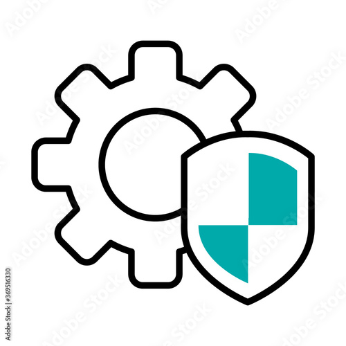 gear wheel with security shield icon, half line half color style