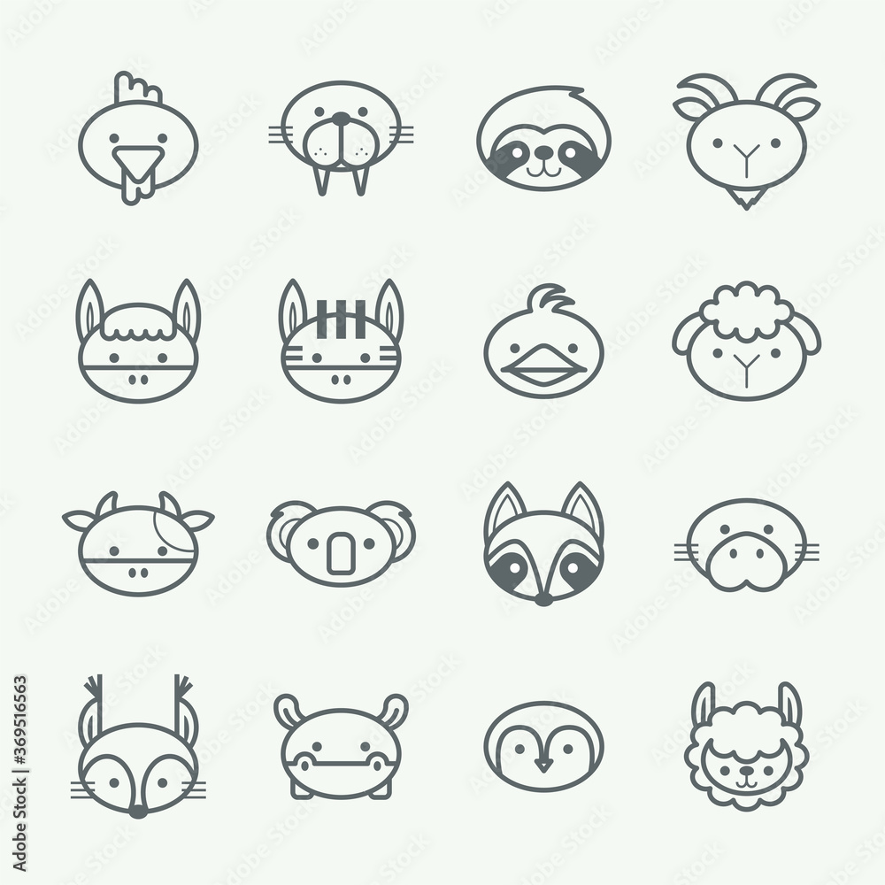 Vector set of outline animal icons. Thin line style animal icons set 2.