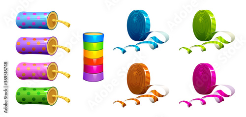 set of firecrackers and colorful ribbons for the holiday