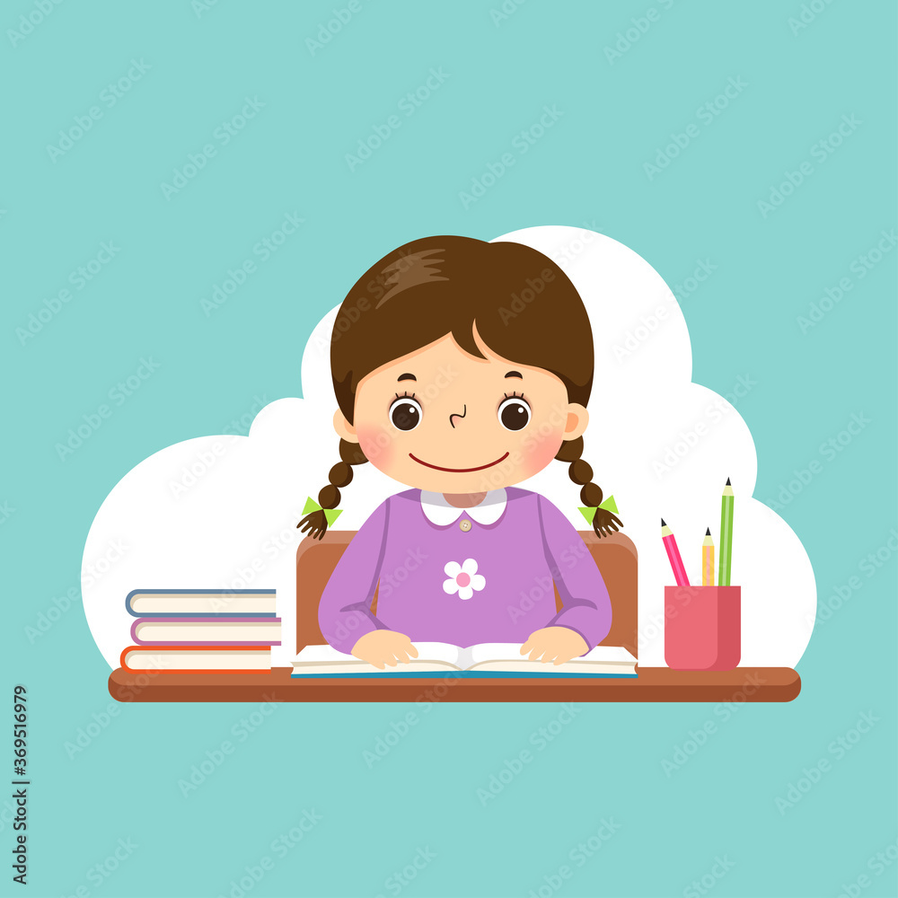 Φωτογραφία Vector illustration of a cartoon little girl reading a book on the desk