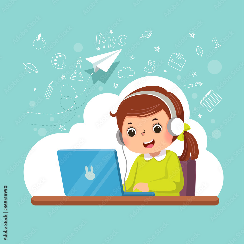 Vector illustration of a cartoon little girl wearing headphones learning with her laptop. Education concept. Vector illustration of a cartoon little girl wearing headphones learning with her laptop. Education concept.