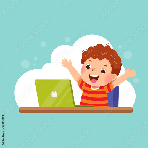 Vector illustration of a cartoon boy with his laptop expressing his success. Education concept.
