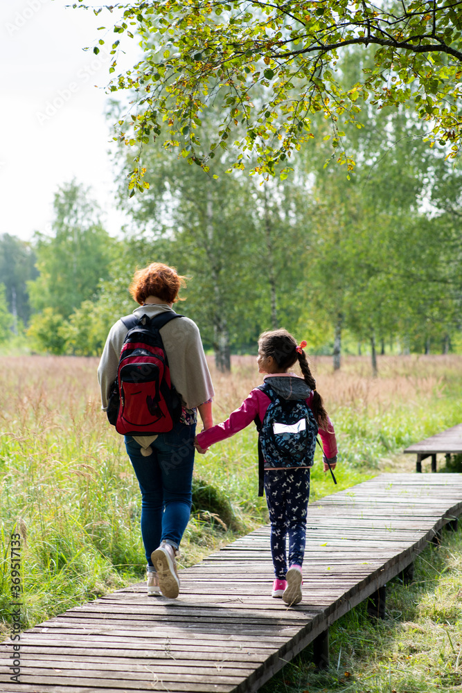grandmother and granddaughter walk in the forest along the path among the swamps in summer grandmother and granddaughter walk in the forest along the path among the swamps in summer