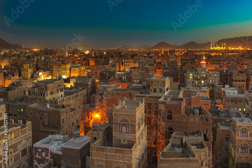 Panorama of Sanaa at night, Yemen photo