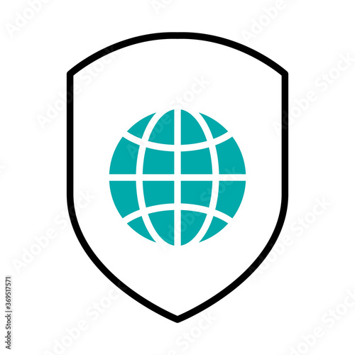 cyber security concept, shield with global sphere icon, half line half color style