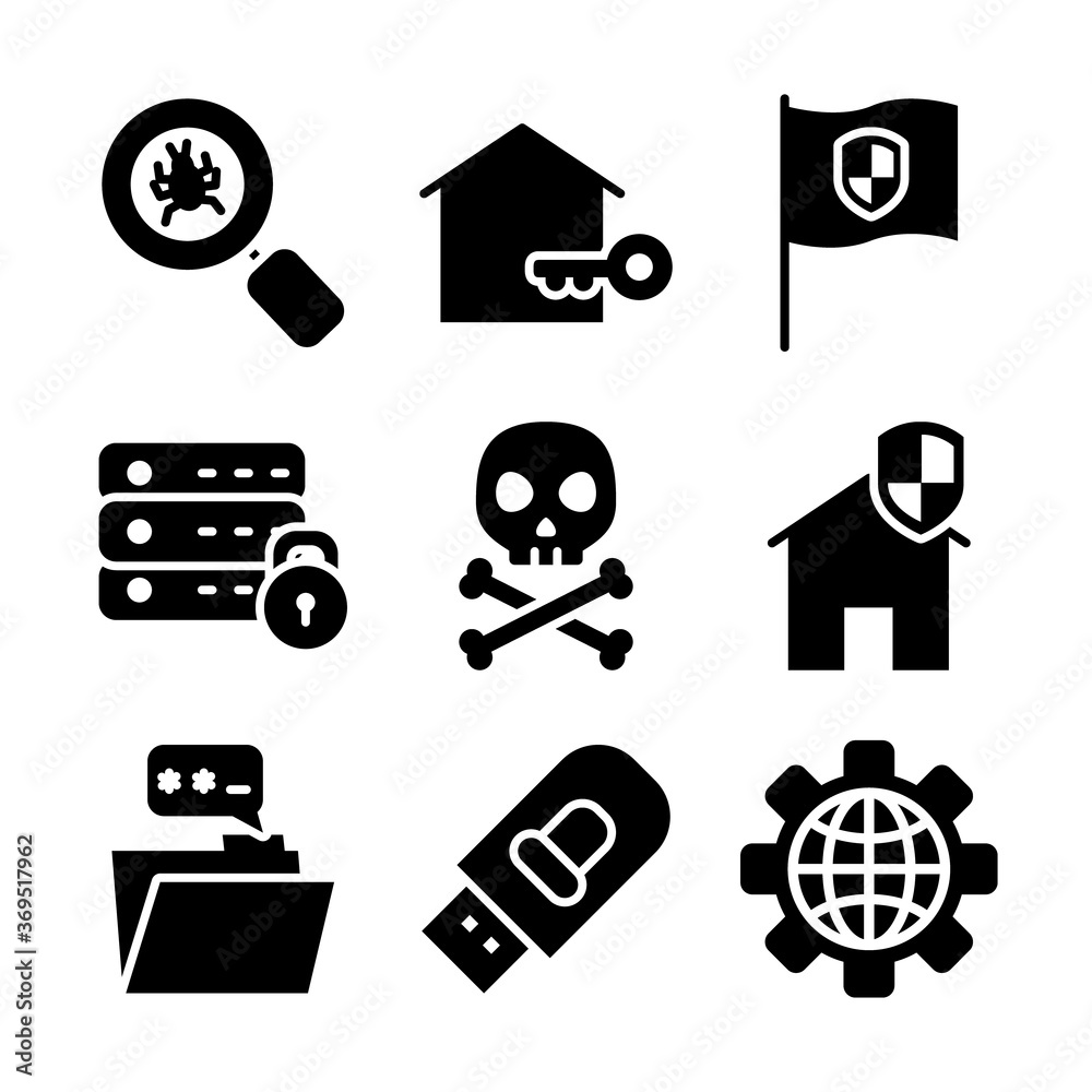 icon set of flag and cyber security, silhouette style