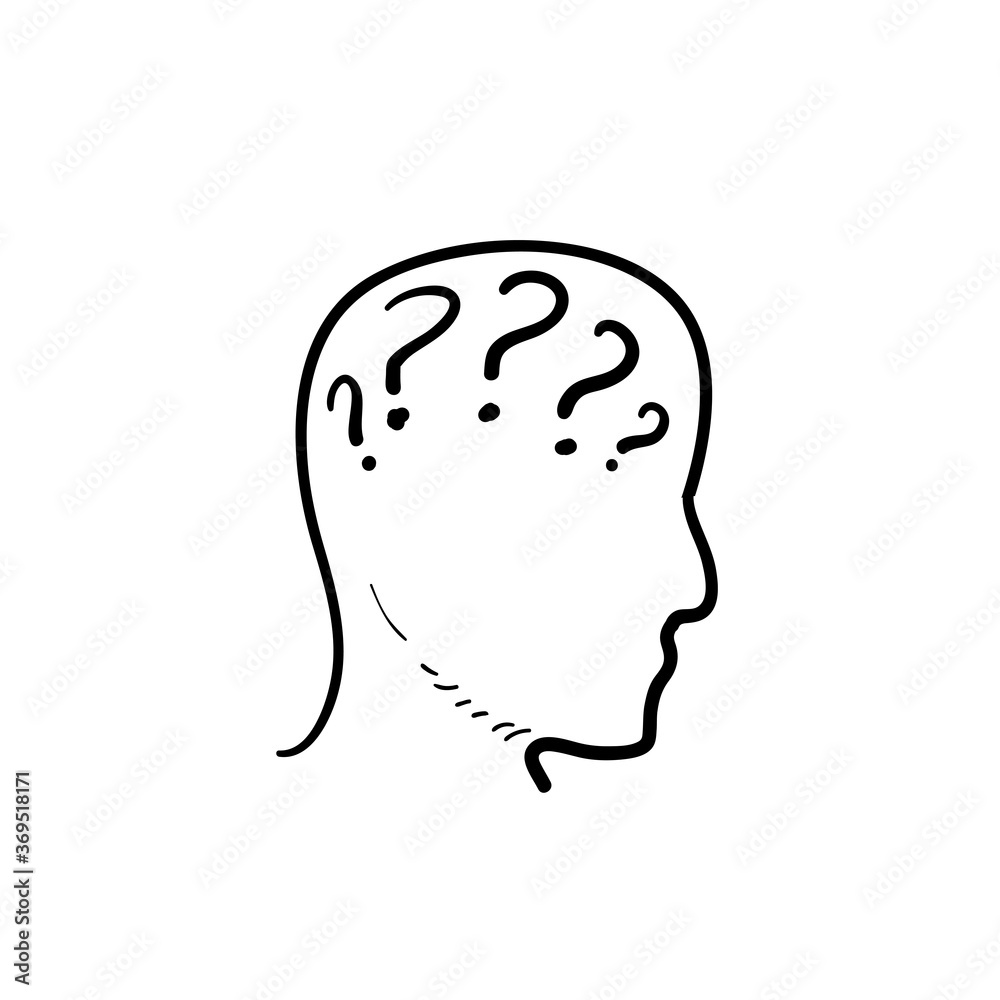 hand drawn doodle Big head with question marks inside brain icon vector