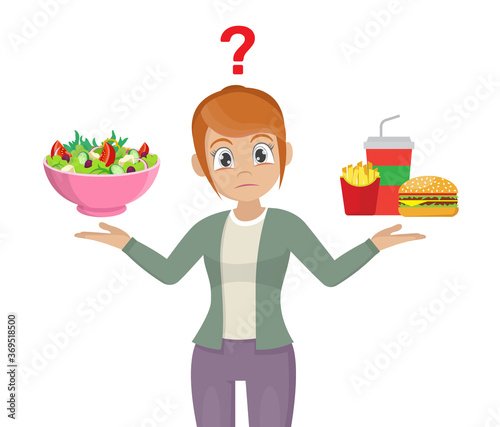 The choice of women. junk food or healthy food.