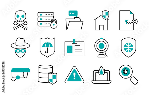 icon set of hacker and cyber security, half line half color style
