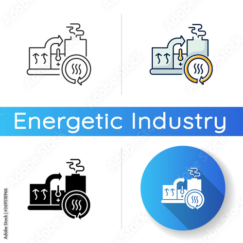 Heat recovery system icon. Linear black and RGB color styles. Sustainable energy industry, cogeneration. Power generation with zero waste. Industrial equipment. Isolated vector illustrations