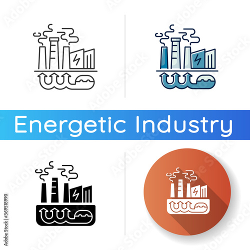 Geothermal energy icon. Linear black and RGB color styles. Industrial power plant, thermal station. Using renewable natural resources, sustainable energy. Isolated vector illustrations