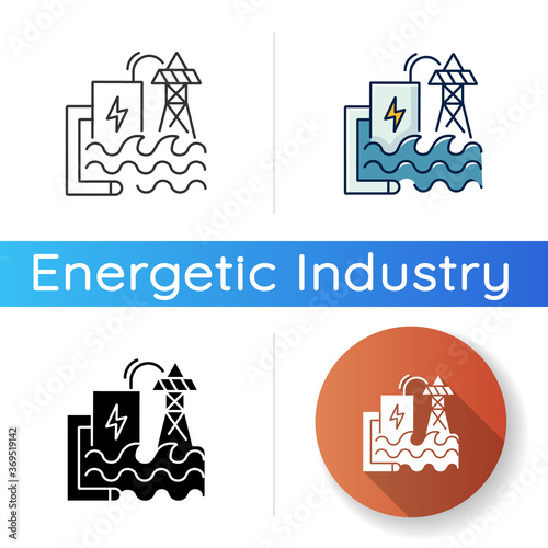 Wave energy icon. Linear black and RGB color styles. Ecologically safe power plant. Using sea waves power for electricity generation. Hydroelectric station isolated vector illustrations