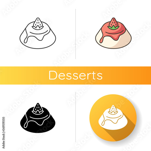 Panna Cotta icon. Italian pudding with strawberry sauce. Traditional Italian desserts. European cuisine and sweets. Linear black and RGB color styles. Isolated vector illustrations