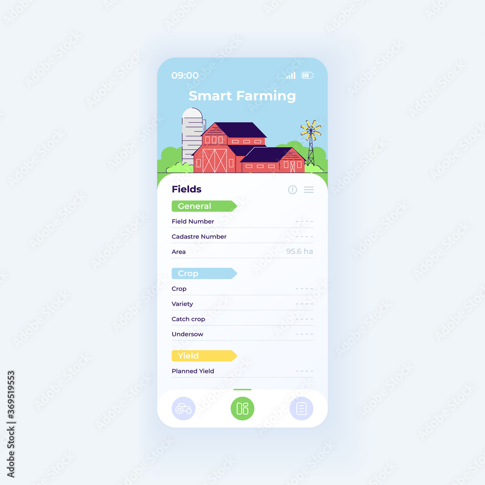 Naklejka premium Smart farming app smartphone interface vector template. Mobile app page day mode design layout. Crop planning function on screen. Flat UI for application. Agricultural field productivity phone display