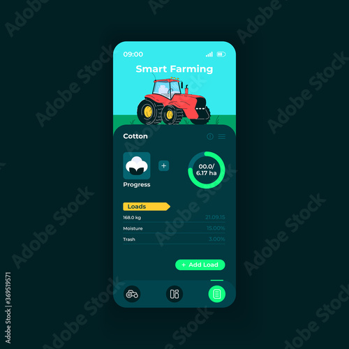 Smart farming app smartphone interface vector template. Mobile app page night mode design layout. Cotton loads details on screen. Flat UI for application. Crops productivity phone display