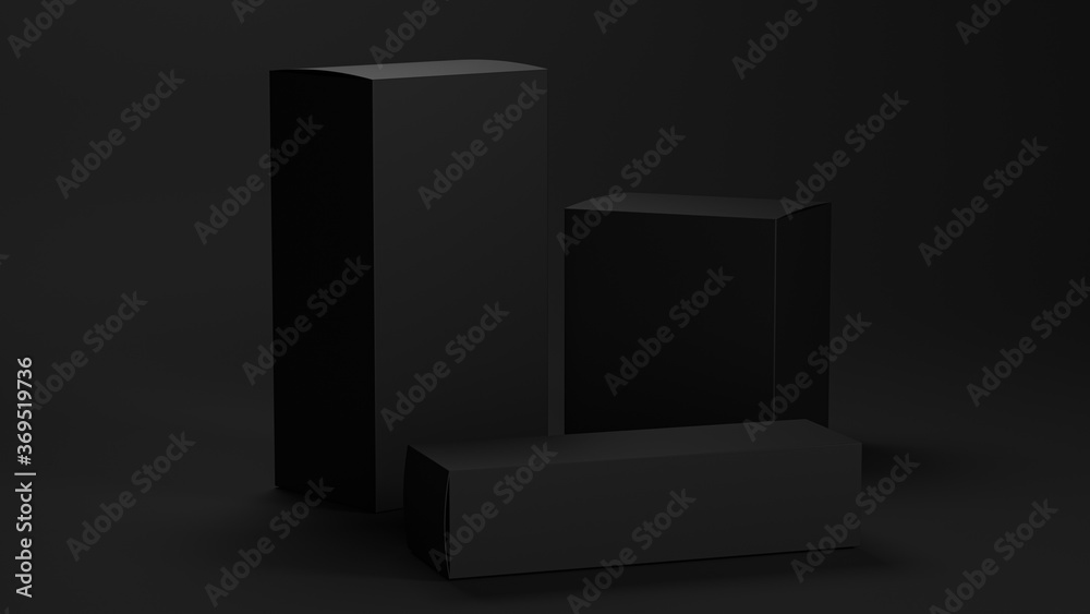 Blank cardboard black package boxes mockup. Medicament realistic square cosmetic, medical or product box packaging , layout of boxes different positions for design or branding, 3d render Blank cardboard black package boxes mockup. Medicament realistic square cosmetic, medical or product box packaging , layout of boxes different positions for design or branding, 3d render