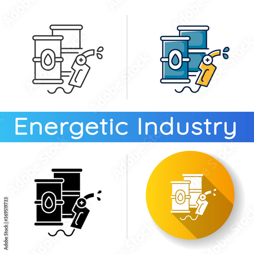 Petroleum icon. Linear black and RGB color styles. Petrochemical industry, petrol refinery, energy market. Fossil fuel storage, barrels with crude materials isolated vector illustrations
