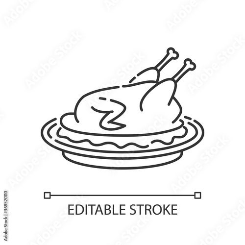 Peking duck pixel perfect linear icon. Whole roasted chicken with gravy for thanksgiving. Thin line customizable illustration. Contour symbol. Vector isolated outline drawing. Editable stroke