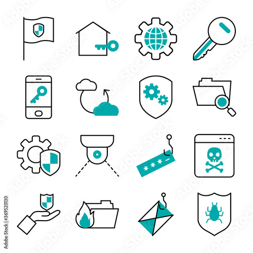 icon set of envelope and cyber security, half line half color style