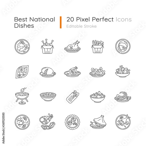 Best national dish pixel perfect linear icons set. Traditional meal for tourist attraction. Lunch recipe. Customizable thin line contour symbols. Isolated vector outline illustrations. Editable stroke