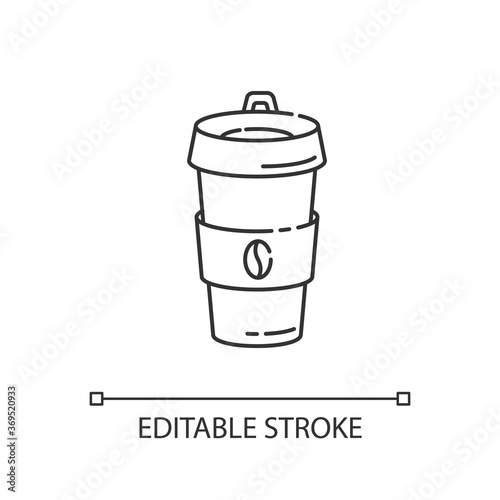 Reusable coffee cup linear icon. Biodegradable container for drinks. Coffee break thin line customizable illustration. Contour symbol. Vector isolated outline drawing. Editable stroke