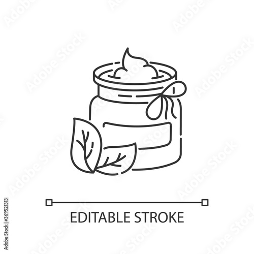 DIY cosmetics linear icon. Eco friendly and homemade beauty products thin line customizable illustration. Contour symbol. Organic moisturizing cream vector isolated outline drawing. Editable stroke