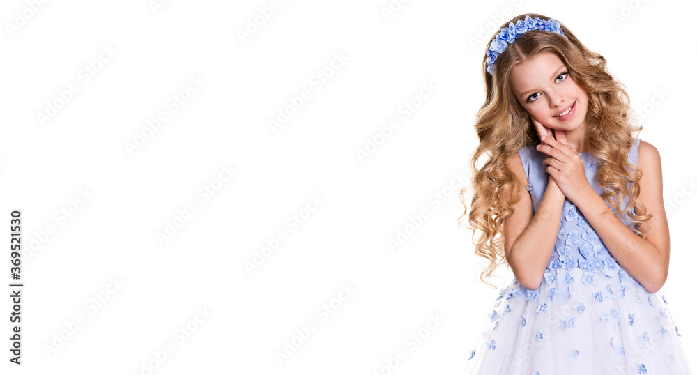 Banner. Portrait of little girl with diadem and blue dress, curly hair. Princess. Isolated Banner. Portrait of little girl with diadem and blue dress, curly hair. Princess. Isolated
