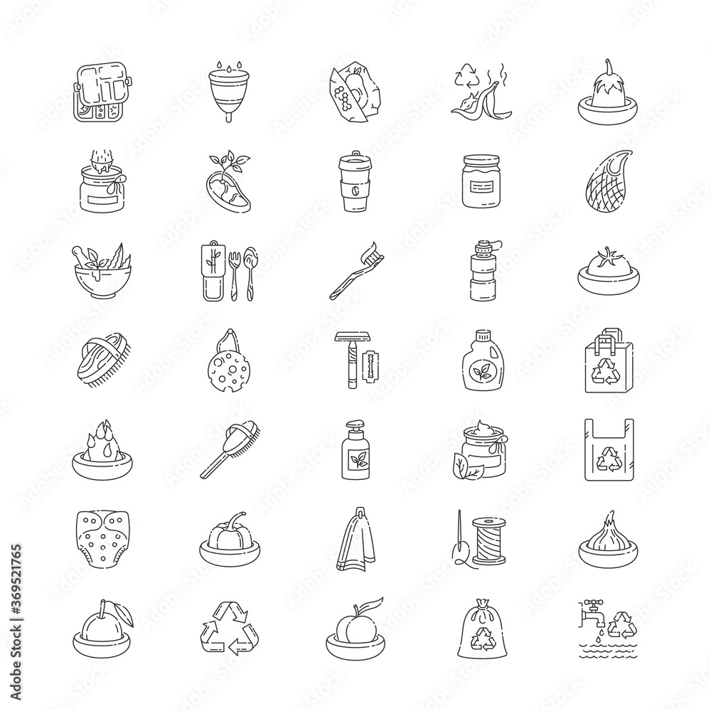 Anticonsumerism linear icons set. Zero waste policy and sustainable lifestyle customizable thin line contour symbols. Environment care. Isolated vector outline illustrations. Editable stroke