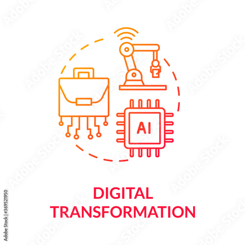 Digital transformation red gradient concept icon. Artificial intelligence. Innovative technology. Automatization of factory idea thin line illustration. Vector isolated outline RGB color drawing