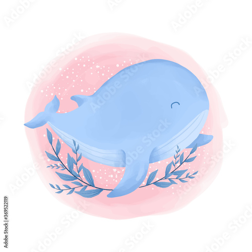 Animal blue whale watercolor illustration. Isolated on white