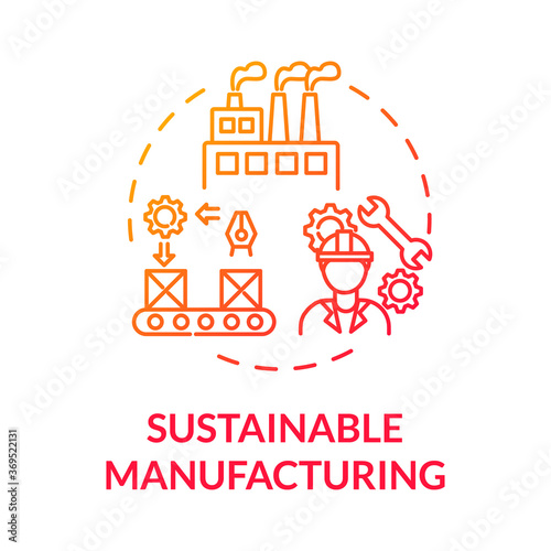 Sustainable manufacturing red gradient concept icon. Ecoological factory production with zero waste. Responsible development idea thin line illustration. Vector isolated outline RGB color drawing