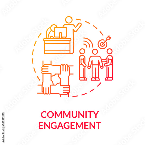 Community engagement red gradient concept icon. Teamwork for project. Union support and collaboration. Partnership for work idea thin line illustration. Vector isolated outline RGB color drawing