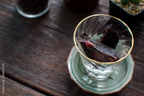 Thick Chocolate Brownie Mixed with dried strawberries Ready to serve in a glass cup
