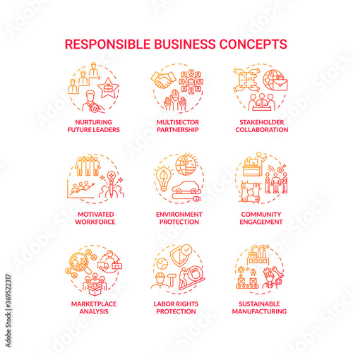 Responsible business red gradient concept icons set. Nurture future leader. Environment protection. Sustainable development idea thin line RGB color illustrations. Vector isolated outline drawings