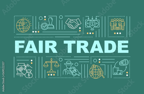 Fair trade policy word concepts banner. Buy and sell products. Ethical responsibility. Infographics with linear icons on green background. Isolated typography. Vector outline RGB color illustration