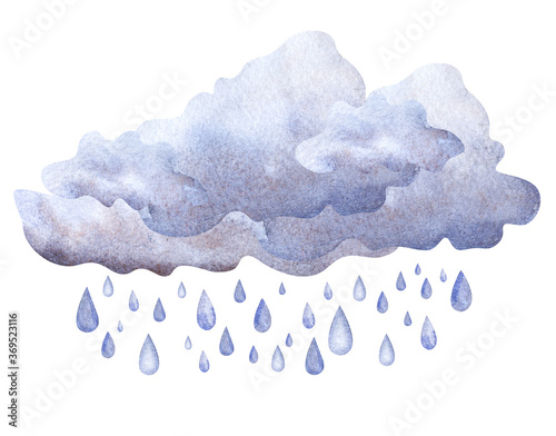 Watercolor image of cumulus fluffy clouds of grey blue color with falling rain drops. Hand drawn illustration of seasonal cloudscape isolated on white background. Decorative element for scrapbooking