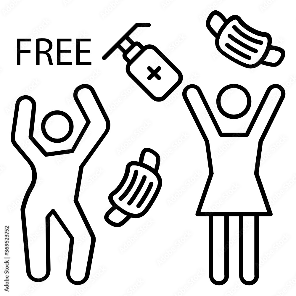 Fototapeta premium family throwing medical masks and sanitizer and celebrating victory over coronavirus pandemic quarantine Concept Vector Icon Design, Victory Over Coronavirus Pandemic Symbol on White Background, 